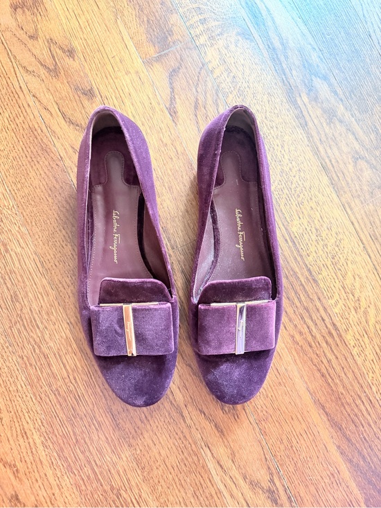 Salvatore Ferragamo Shoes - Salvatore Ferragamo Plum Suede Bow Loafers with Metal Accent